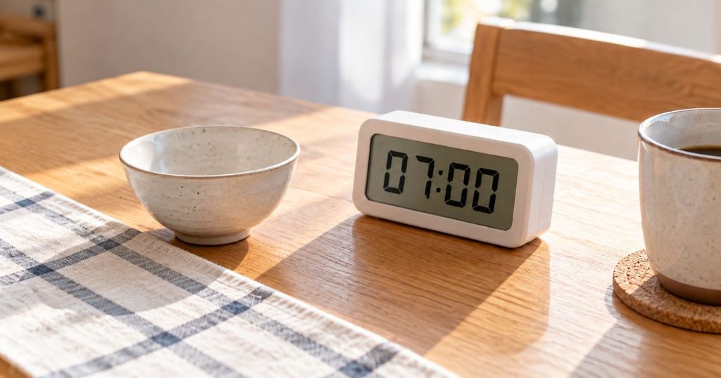 07時を表示した置き時計と空のご飯茶碗