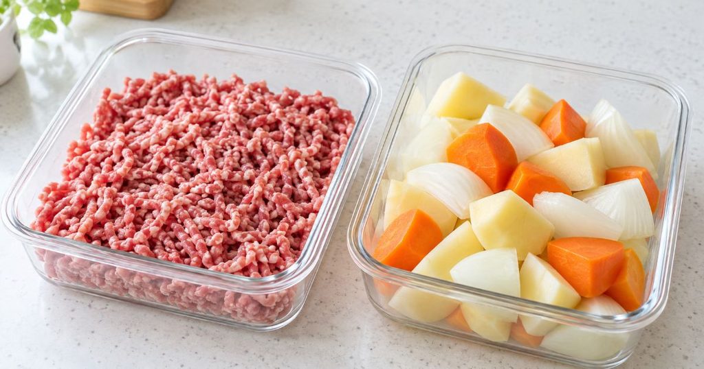 ほぐしたひき肉と煮物用の根菜を冷凍保存用に分けた様子