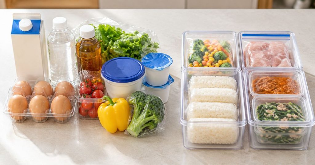 冷蔵用の食品と冷凍ストックを並べた様子