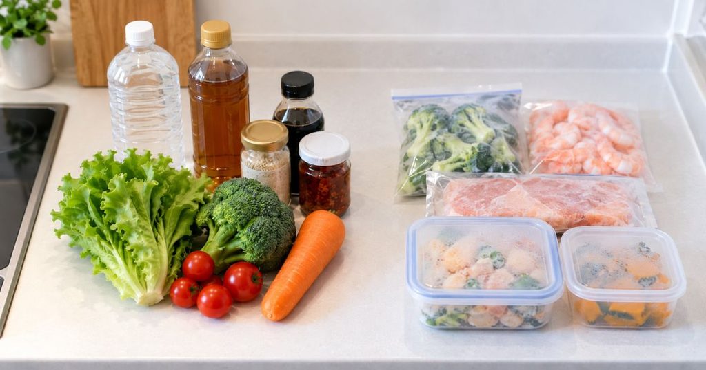 冷蔵向け食材と冷凍向け食品を分けて並べた様子