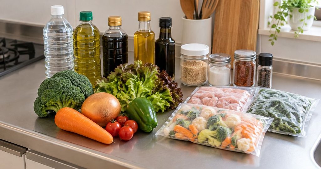 野菜や調味料、冷凍食品を種類別に並べた様子