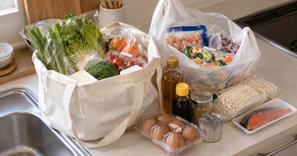 野菜や冷凍食品などを入れた買い物袋