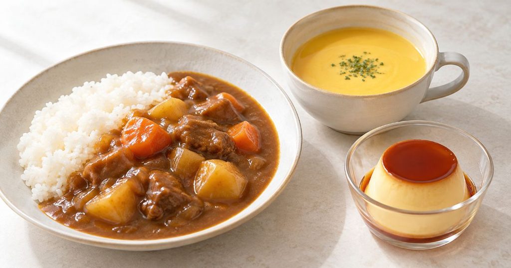 カレーとポタージュとプリンを並べた調理イメージ