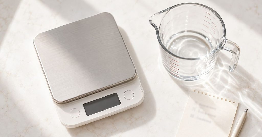 キッチンスケールと計量カップで基本仕様を確認するイメージ